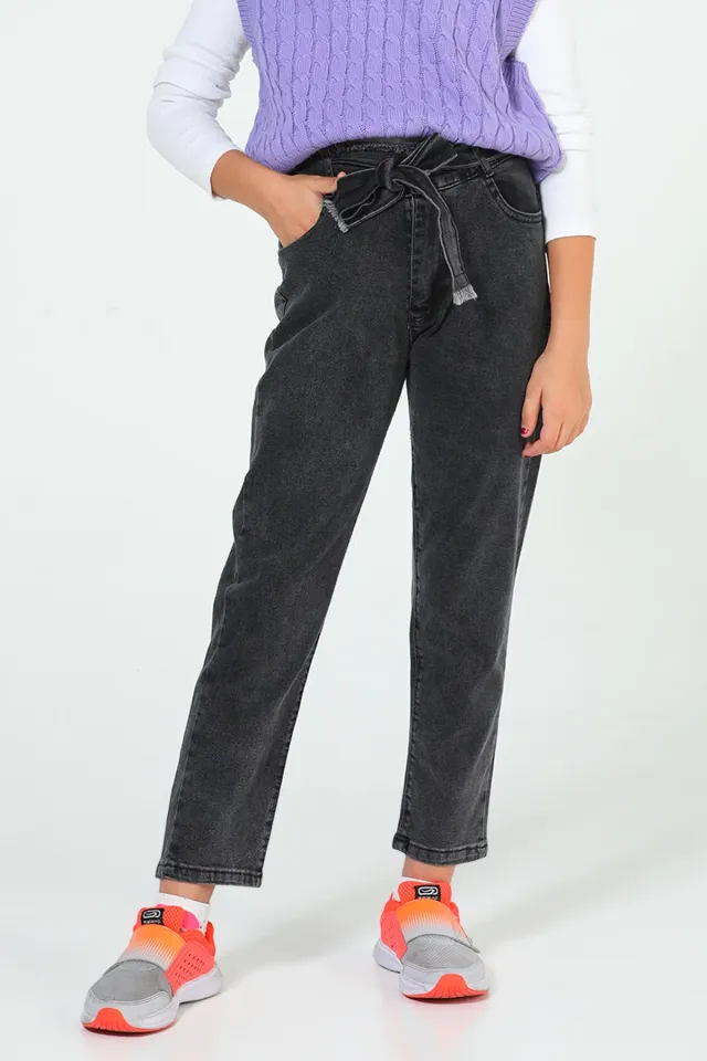 Kız Çocuk Bel Bağlamalı Püsküllü Jeans Pantolon Antrasit