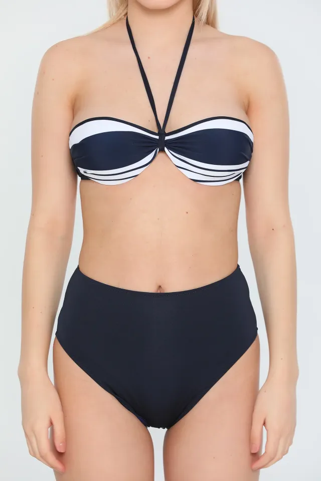 Kadın Likralı Süper Yüksek Bel Boyundan Bağlamalı Hafif Destekli Desenli Bikini Lacivert