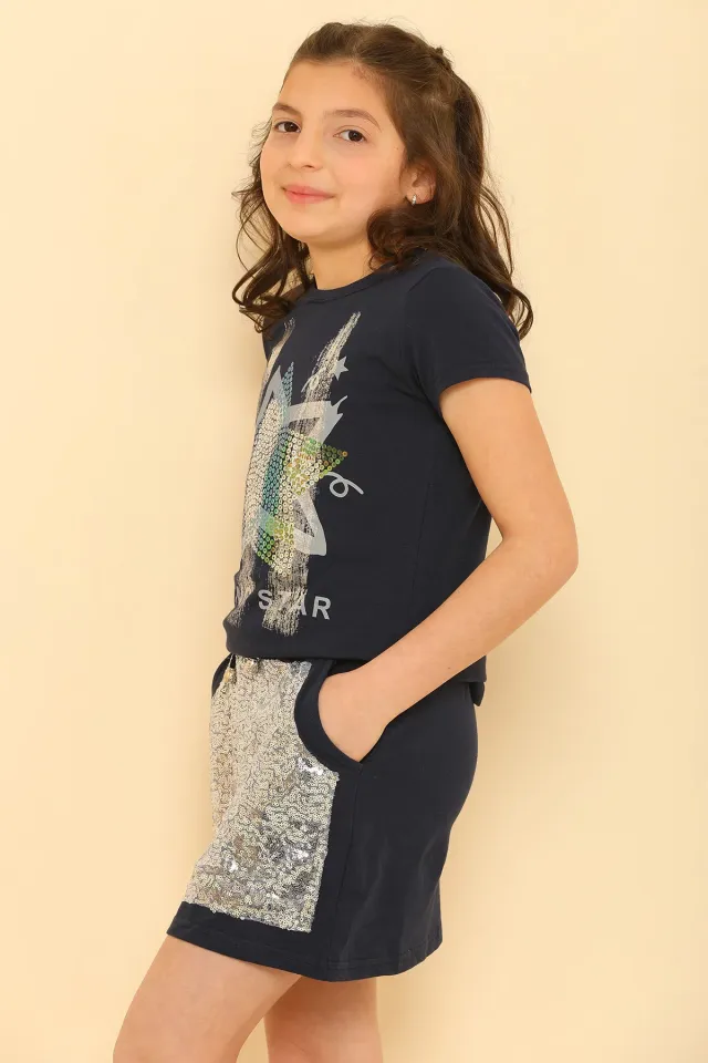 Kız Çocuk Likralı Pul Payetli T-shirt Etek İkili Takım Lacivert