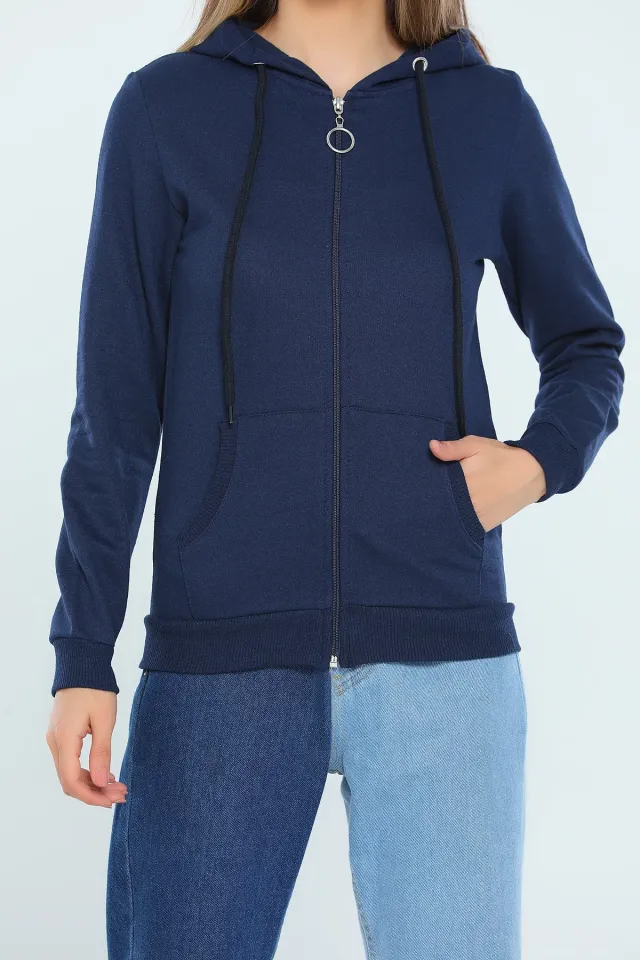 Kadın Kapüşonlu Fermuarlı Slim Fit Basic Sweatshirt Lacivert