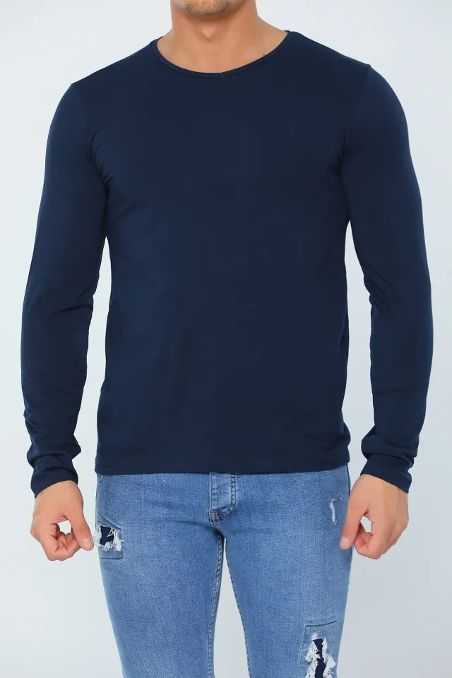 Erkek Likralı V Yaka Uzun Kollu Basic Body Sweatshirt Lacivert