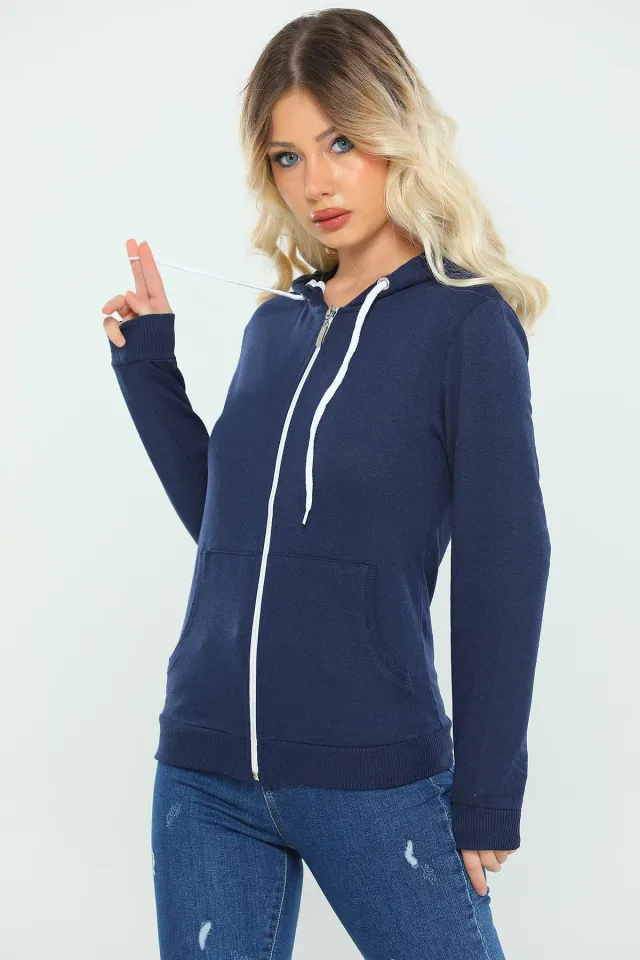 Kadın Kapüşonlu Fermuarlı Slim Fit Basic Sweatshirt LacivertBeyaz