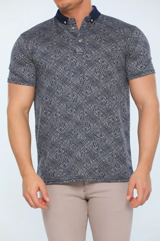 Erkek Likralı Polo Yaka Desenli T-shirt Lacivertvizon
