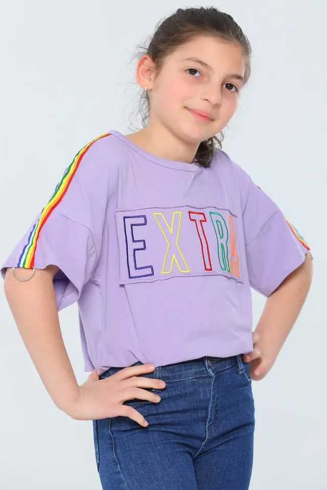 Kız Çocuk Likralı Bisiklet Yaka Bel Detaylı T-shirt Lila