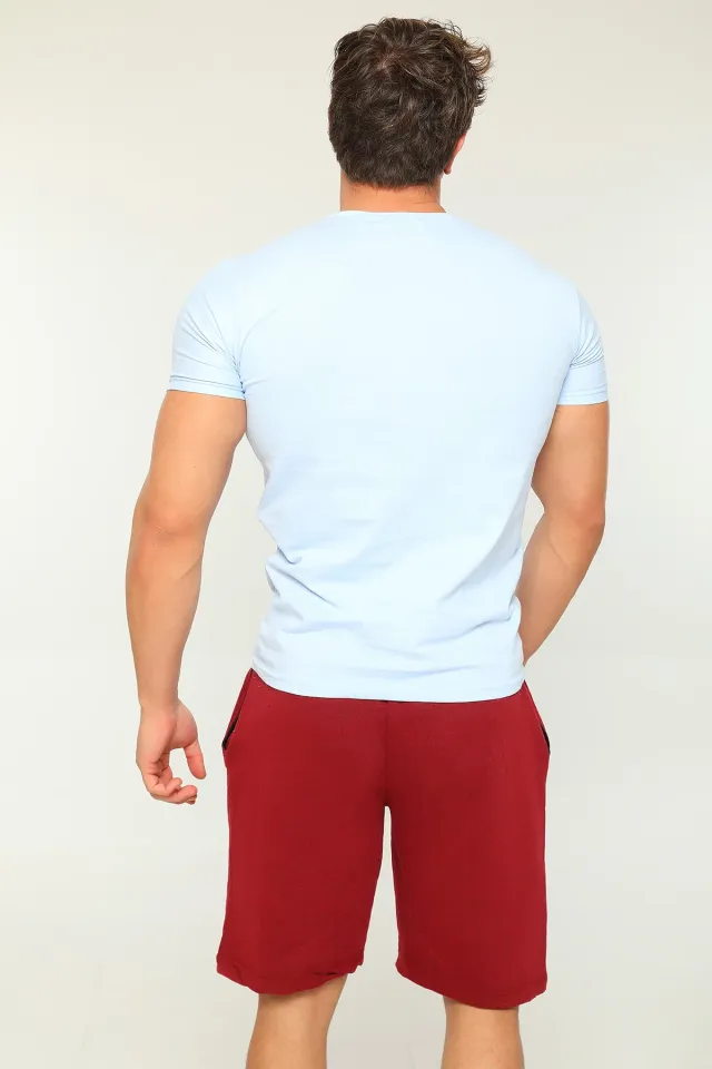 Erkek Likralı Bisiklet Yaka Basic T-shirt Şort İkili Takım Mavi