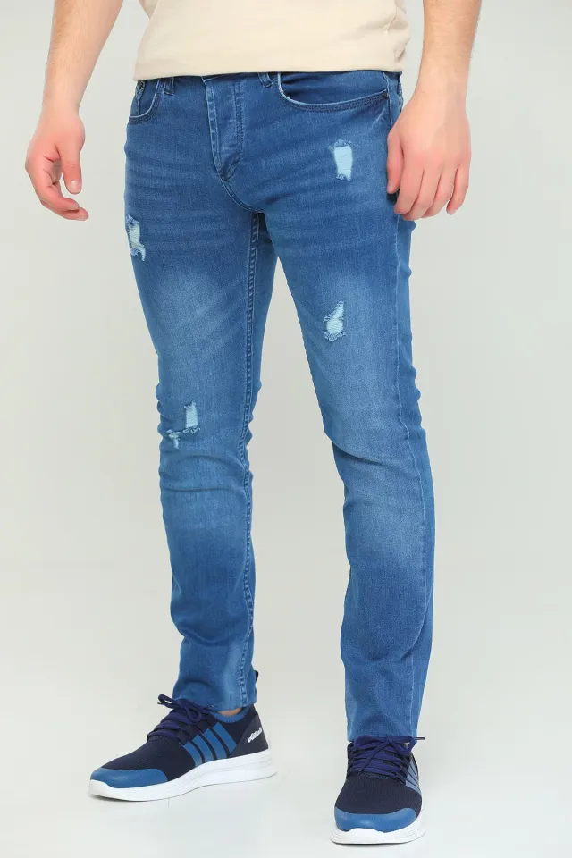 Erkek Likralı Lazer Yırtıklı Slim Fit Jean Pantolon Mavi