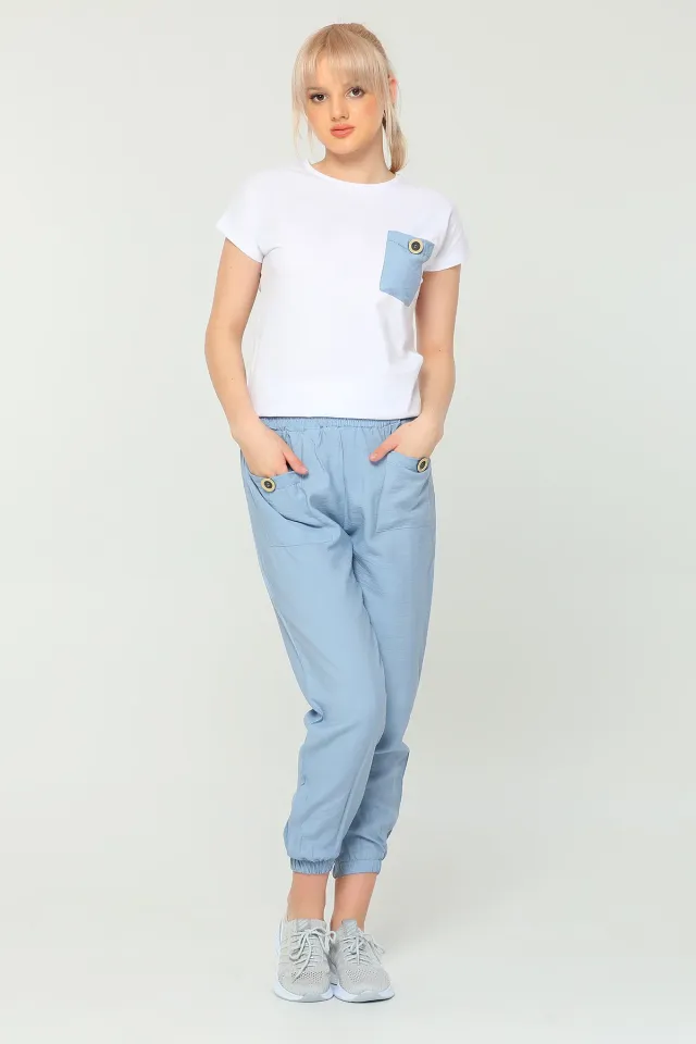 Kadın Bisiklet Yaka T-shirt Ayrobin Pantolon İkili Takım Mavi