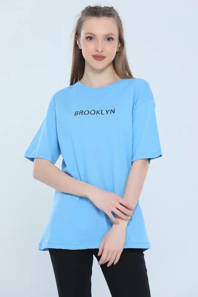 Kadın Likralı Bisiklet Yaka Baskılı Salaş T-shirt Mavi