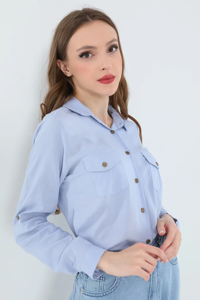 Kadın Likralı Kol Apoletli Basic Gömlek Mavi