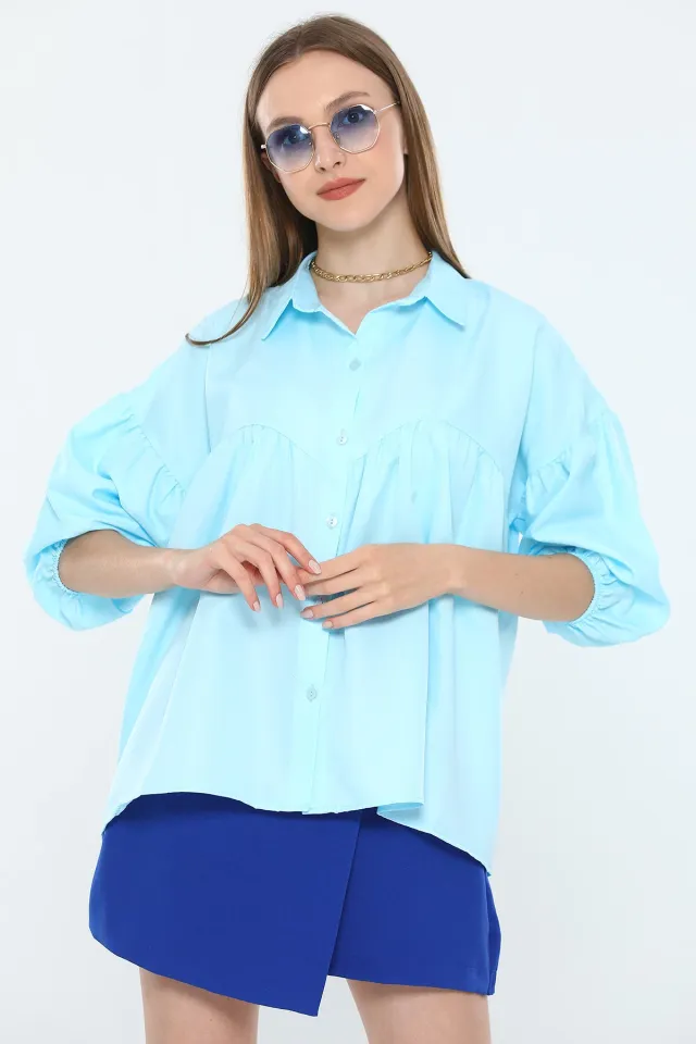Kadın Oversize Balon Kol Gömlek Mavi