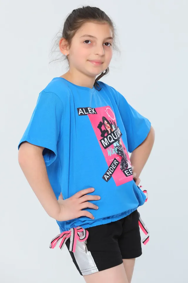 Kız Çocuk Likralı Bisiklet Yaka Bel Detaylı T-shirt Mavi