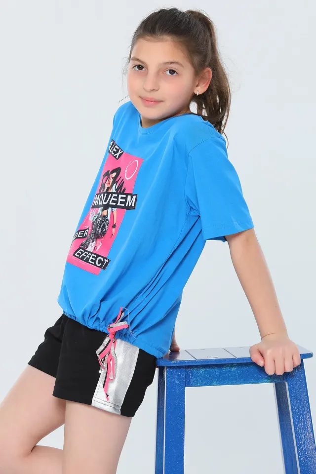 Kız Çocuk Likralı Bisiklet Yaka Bel Detaylı T-shirt Mavi