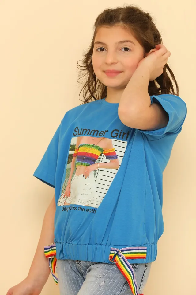 Kız Çocuk Likralı Bisiklet Yaka T-shirt Mavi
