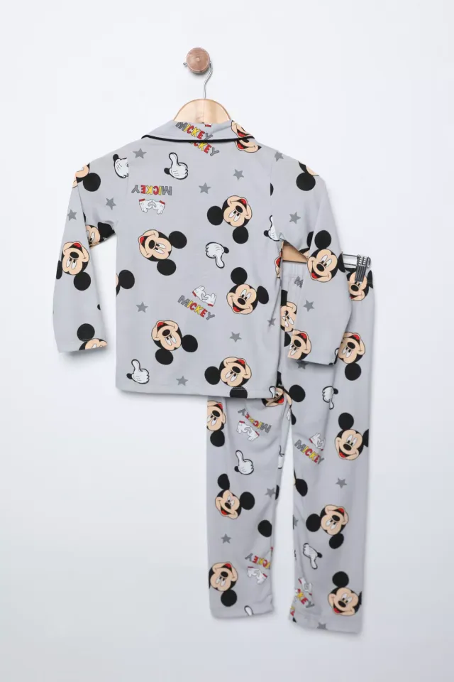 Mickey Mouse Baskılı Kız Çocuk Ön Düğme Detaylı Pijama Takımı Gri