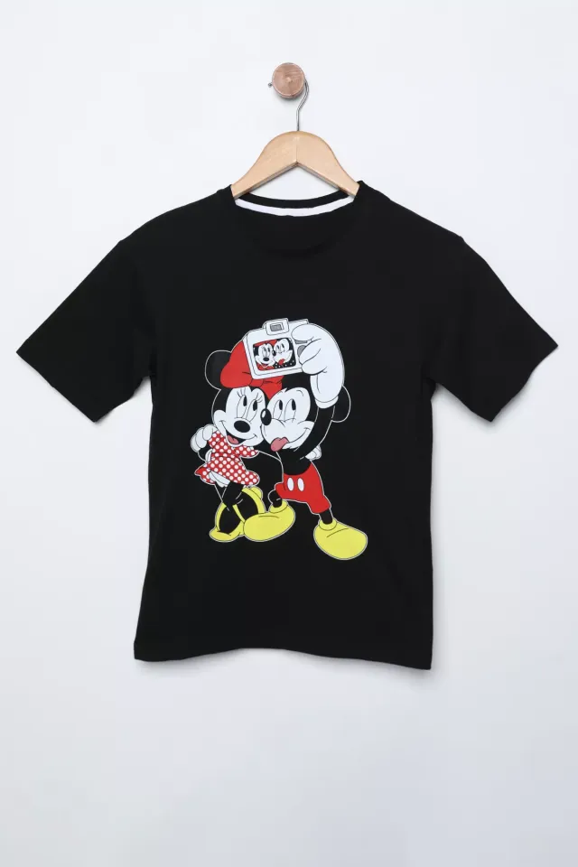 Mickey Mouse Baskılı Kız Çocuk Tişört Siyah