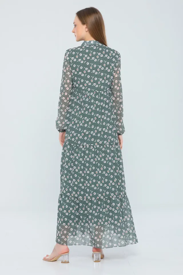 Kadın Hakim Yaka Çiçek Desenli Uzun Şifon Elbise Mint