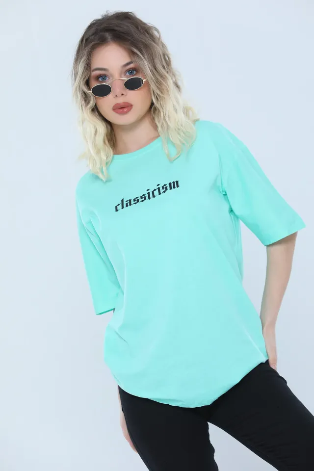 Kadın Likralı Bisiklet Yaka Baskılı Salaş T-shirt Mint