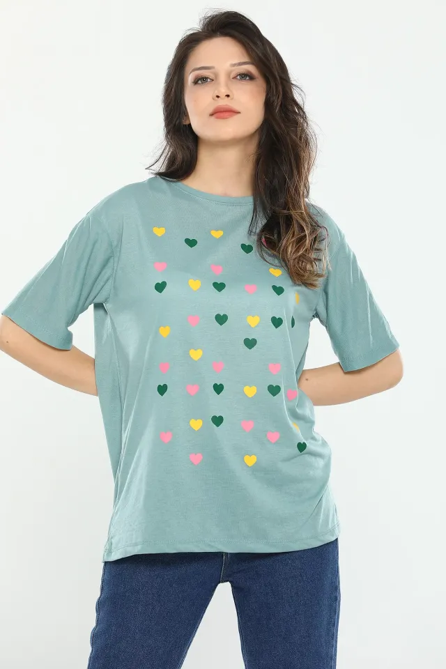 Kadın Likralı Bisiklet Yaka Baskılı T-shirt Mint