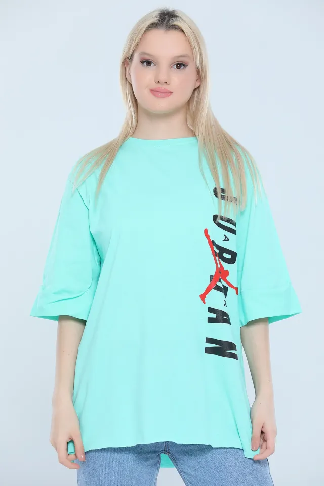 Kadın Likralı Bisiklet Yaka Duble Kol Yırtmaçlı Baskılı Salaş T-shirt Mint