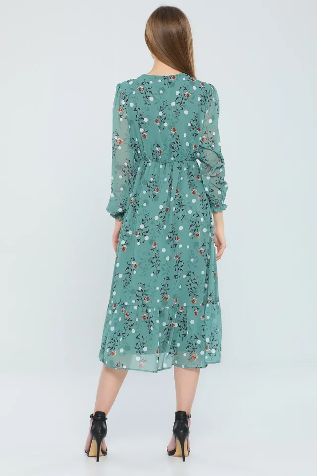 Kadın V Yaka İç Astarlı Çiçek Desenli Şifon Elbise Mint