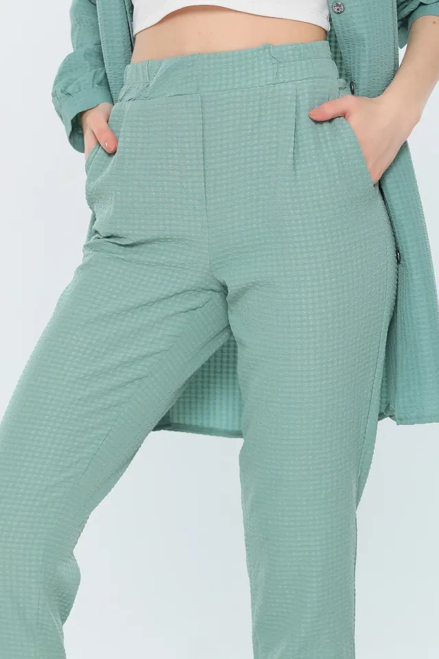 Kadın Yüksek Bel Cepli Kendinden Desenli Pantolon Mint