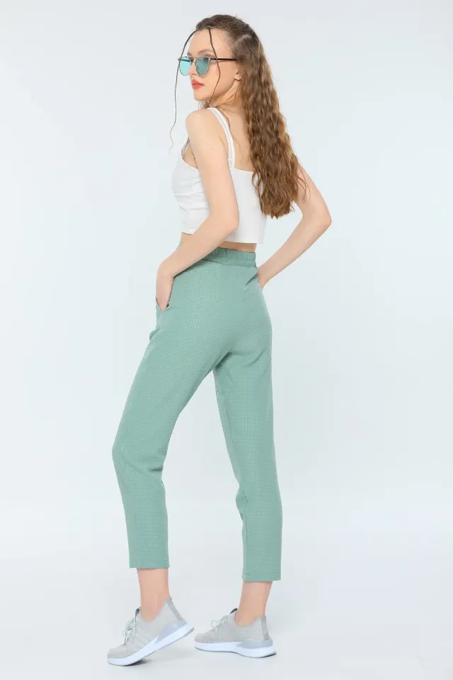 Kadın Yüksek Bel Cepli Kendinden Desenli Pantolon Mint