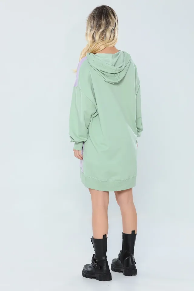 Kadın Oversize Kapüşonlu Renk Bloklu Sweatshirt Mint Lila