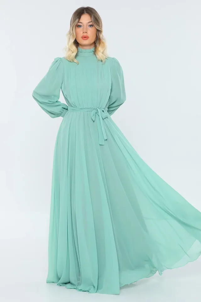 Pileli Kemerli Şifon Kadın Abiye Elbise Mint