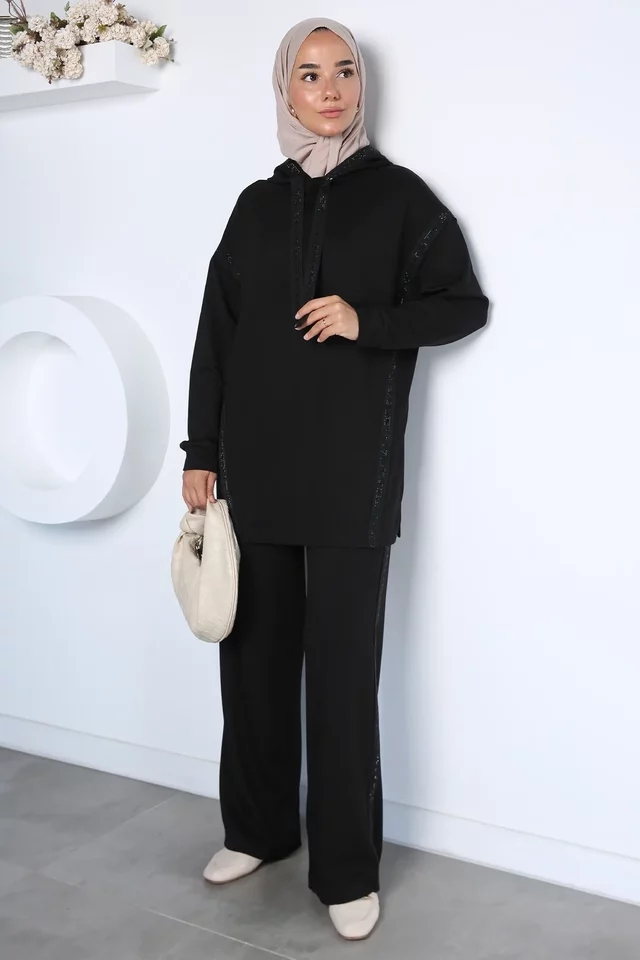 Modal Kumaş Kapüşonlu Sweat Pantolon Tesettür İkili Takım - 1
