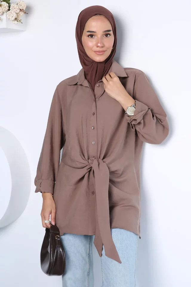 Modern Kesim Ön Bağlamalı Tesettür Gömlek - 1