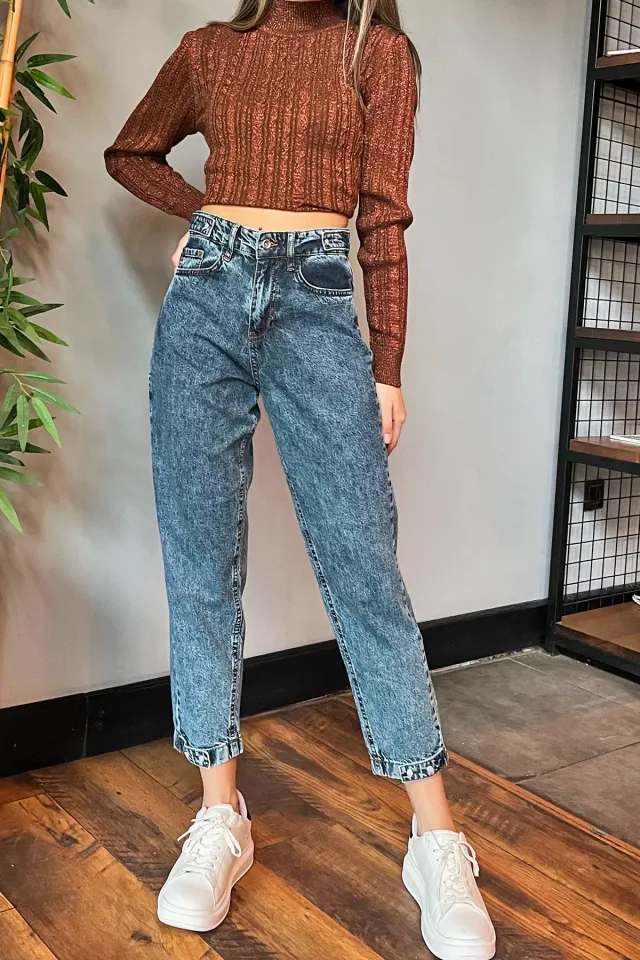 Modern Tasarım Bel Ve Paça Çıtçıt Detaylı Yüksek Bel Jean Kot Pantolon Koyumavi
