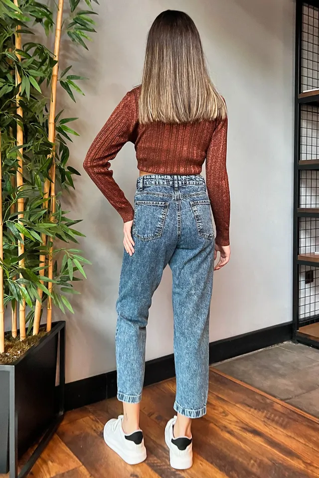 Modern Tasarım Bel Ve Paça Çıtçıt Detaylı Yüksek Bel Jean Kot Pantolon Koyumavi