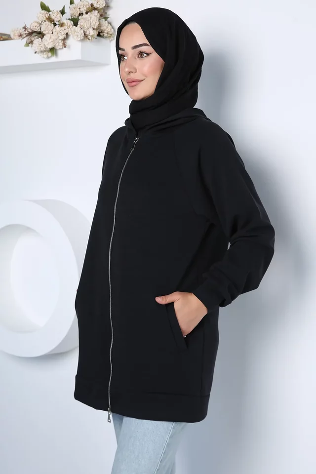Modern Tasarım Kapüşonlu Tesettür Sweat Ceket - 2