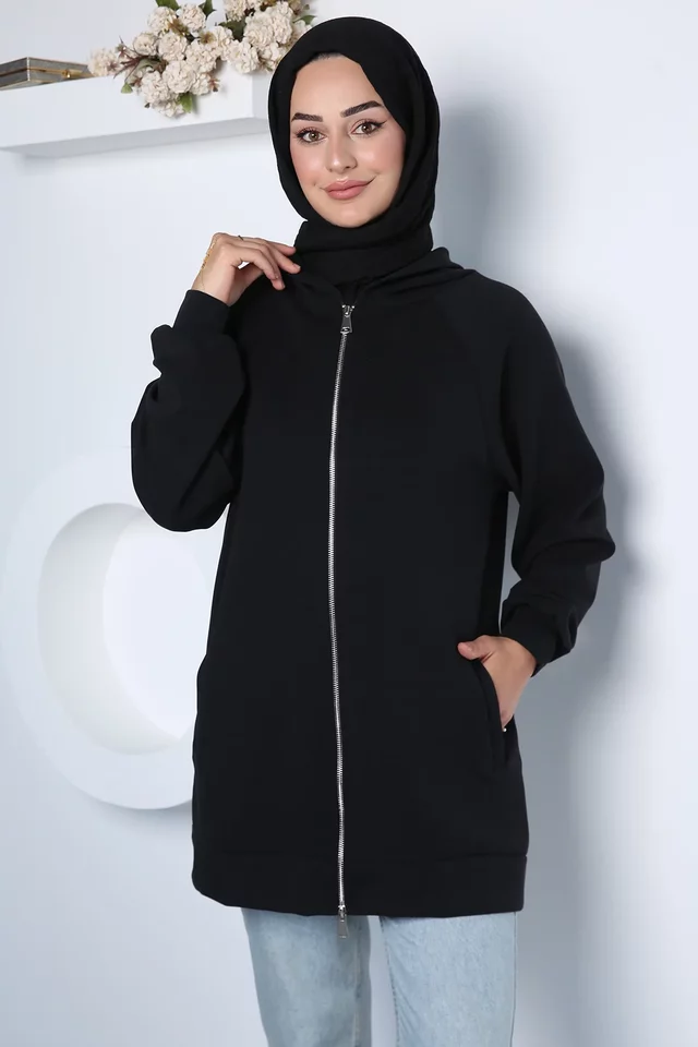 Modern Tasarım Kapüşonlu Tesettür Sweat Ceket