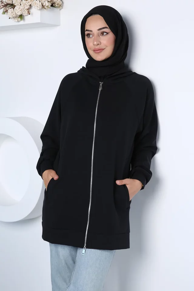 Modern Tasarım Kapüşonlu Tesettür Sweat Ceket - 1