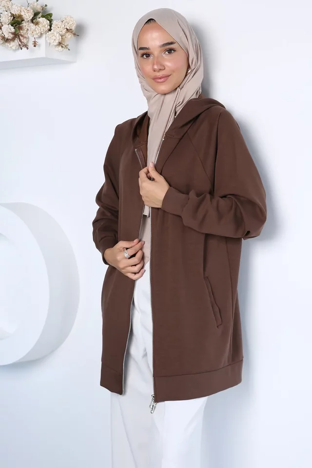 Modern Tasarım Kapüşonlu Tesettür Sweat Ceket - 1
