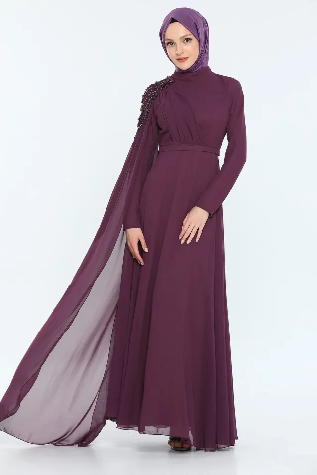 Kadın Modest Omuzu Boncuk Pelerinli Uzun Tesettür Abiye Elbise Mor