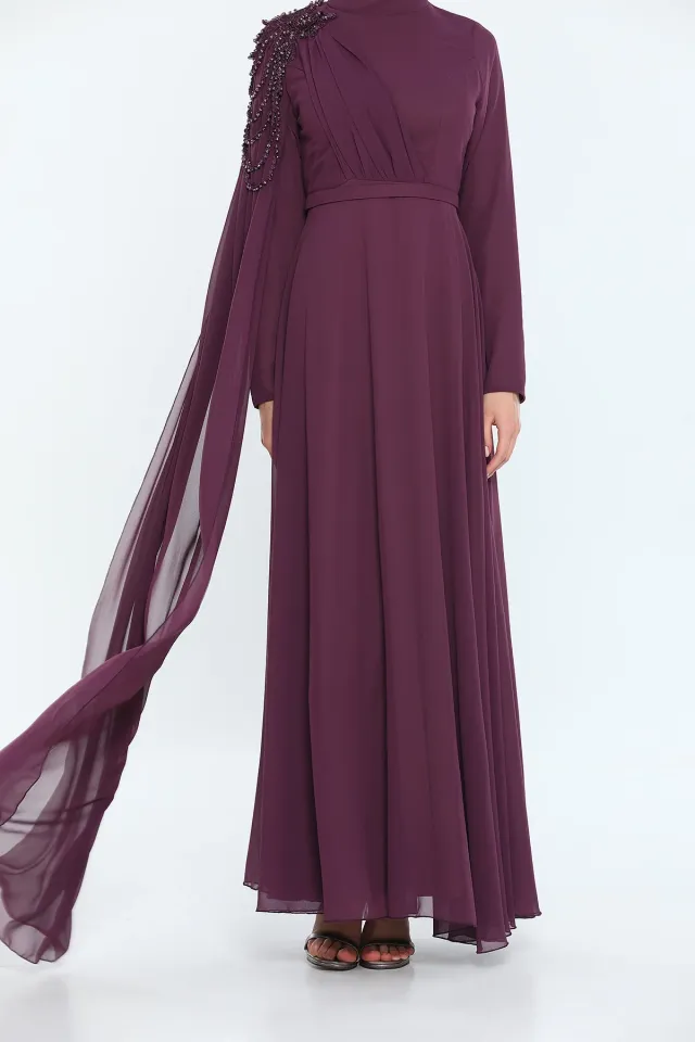 Kadın Modest Omuzu Boncuk Pelerinli Uzun Tesettür Abiye Elbise Mor