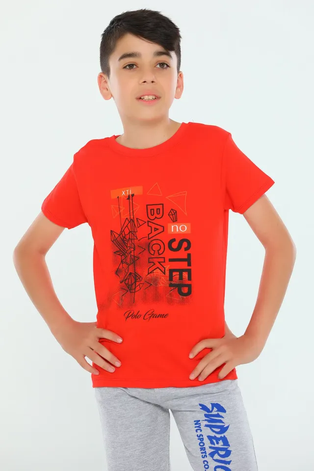 Erkek Çocuk Likralı Bisiklet Yaka Baskılı T-shirt Nar Çiçeği