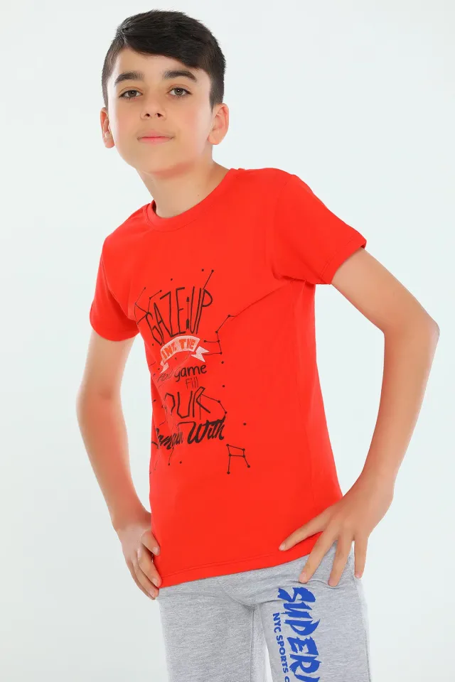 Erkek Çocuk Likralı Bisiklet Yaka Baskılı T-shirt Nar Çiçeği