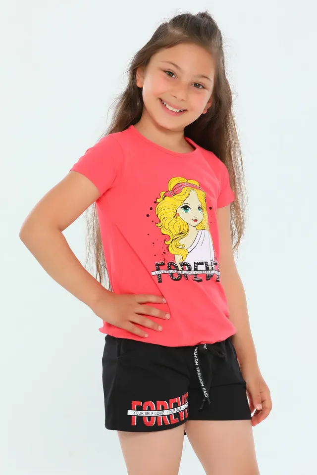 Kız Çocuk Likralı T-shirt Şort İkili Takım Nar Çiçeği