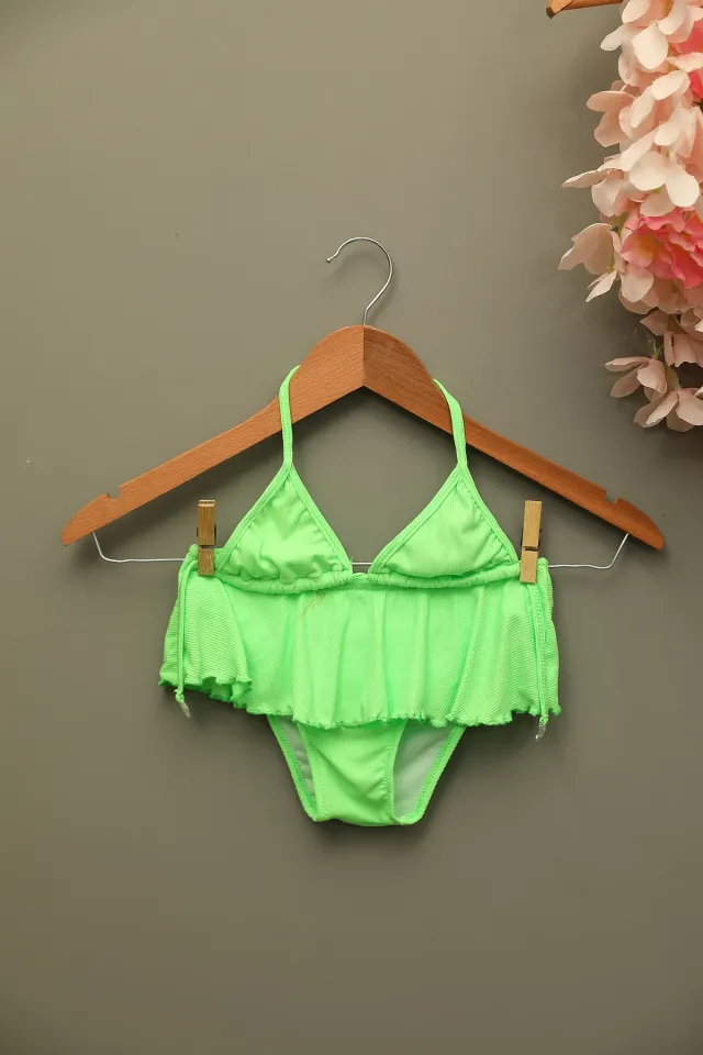 Kız Çocuk Üçgen Kesim Etek Görünümlü Bikini Takım Neon Yeşil