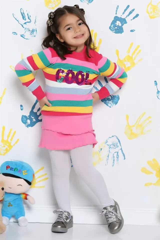 Renk Bloklu Pullu Kız Çocuk Triko Kazak Fuşya