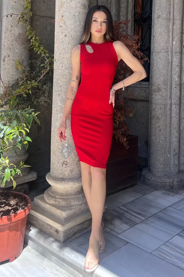 Omuz Dekolteli Fitilli Elbise Kırmızı