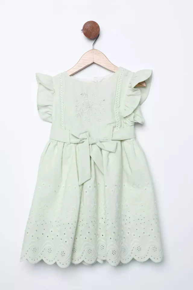 Omuz Fırfırlı Bel Kuşak Detaylı Nakışlı Kız Çocuk Elbise Mint