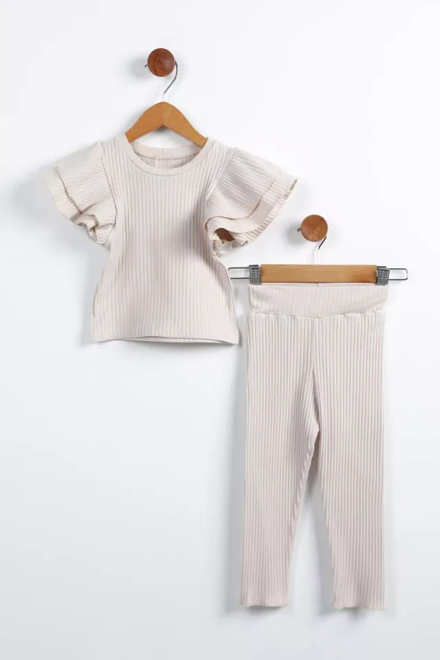 Omuz Fırfırlı Kendinden Çizgi Desenli Kız Çocuk Tayt Bluz İkili Takım Taş