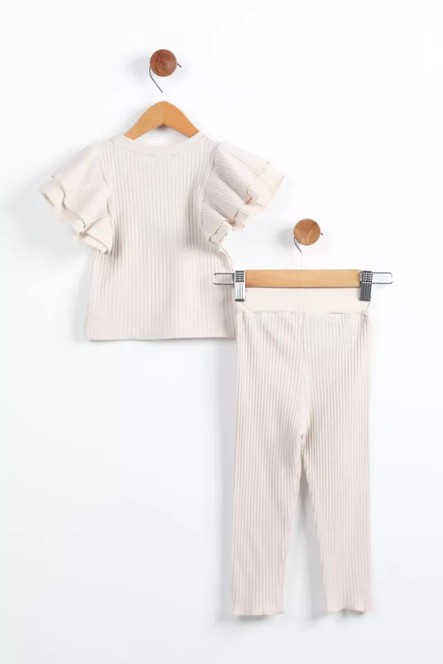 Omuz Fırfırlı Kendinden Çizgi Desenli Kız Çocuk Tayt Bluz İkili Takım Taş