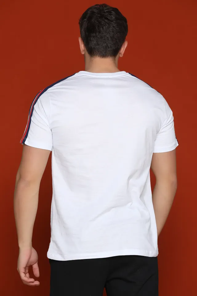 Omuz Kol Arası Çizgili Erkek T-shirt Beyaz