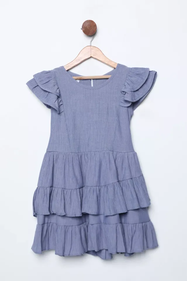 Omuz Ve Etek Fırfırlı Bel Kuşaklı Kız Çocuk Elbise A.indigo