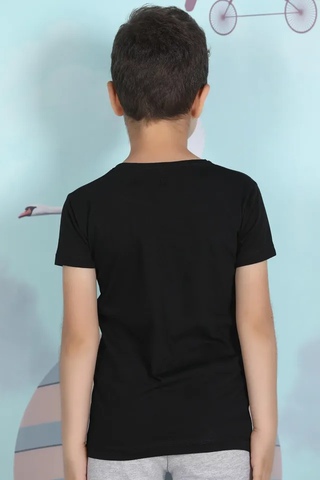 Erkek Çocuk Likralı Ön Baskılı T-shirt Siyah